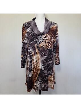 Susan Graver M Liquid Knit Cowl Neck Animal Print Tunic Top EUC